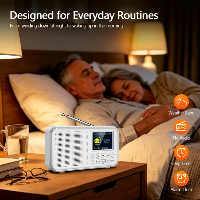 Alt view image 3 of 7 - Portable FM Radio with Bluetooth, 3000mAh Rechargeable Battery, 40 Presets 2.4" Color Display, 8W Speaker, Auto Scan, 7 NOAA Weather Channels, WX Alert, Dual Alarm, MicroSD, Headphone Jack, Home