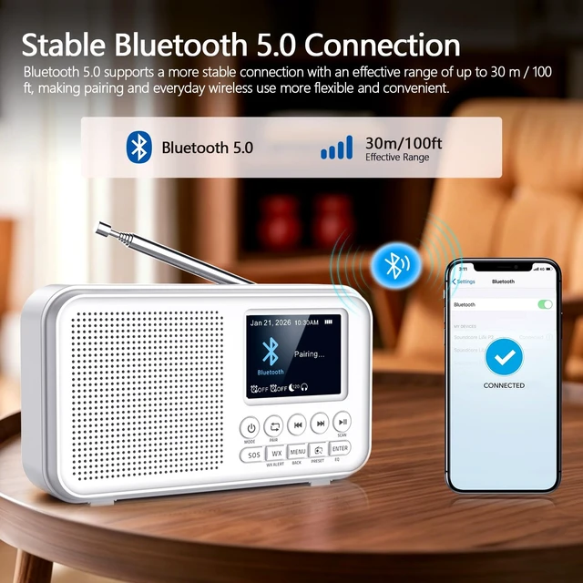 Alt view image 5 of 7 - Portable FM Radio with Bluetooth, 3000mAh Rechargeable Battery, 40 Presets 2.4" Color Display, 8W Speaker, Auto Scan, 7 NOAA Weather Channels, WX Alert, Dual Alarm, MicroSD, Headphone Jack, Home