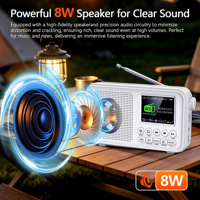 Alt view image 4 of 7 - Portable FM Radio with Bluetooth, 3000mAh Rechargeable Battery, 40 Presets 2.4" Color Display, 8W Speaker, Auto Scan, 7 NOAA Weather Channels, WX Alert, Dual Alarm, MicroSD, Headphone Jack, Home