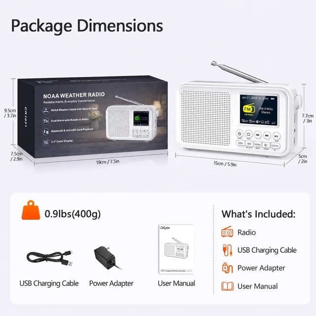 Alt view image 7 of 7 - Portable FM Radio with Bluetooth, 3000mAh Rechargeable Battery, 40 Presets 2.4" Color Display, 8W Speaker, Auto Scan, 7 NOAA Weather Channels, WX Alert, Dual Alarm, MicroSD, Headphone Jack, Home