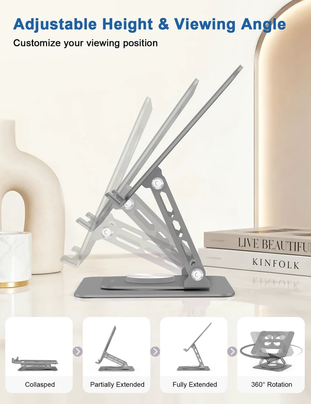 Alt view image 2 of 7 - Adjustable Laptop Stand for Desk - 360° Rotating Laptop Riser, Ergonomic Computer Stand Foldable Holder Compatible with MacBook Pro/Air, HP, Dell, Lenovo and Tablets Up to 16", Gray