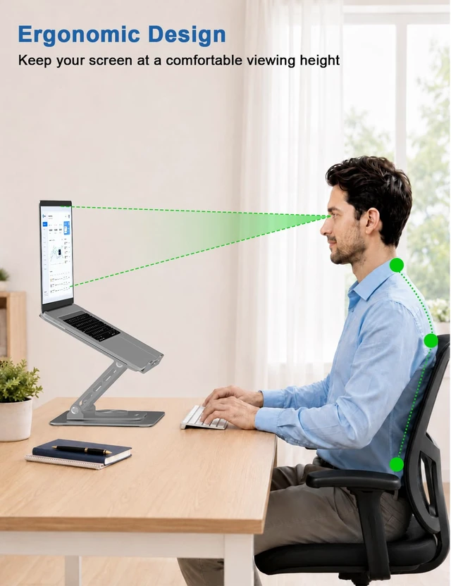 Alt view image 3 of 7 - Adjustable Laptop Stand for Desk - 360° Rotating Laptop Riser, Ergonomic Computer Stand Foldable Holder Compatible with MacBook Pro/Air, HP, Dell, Lenovo and Tablets Up to 16", Gray