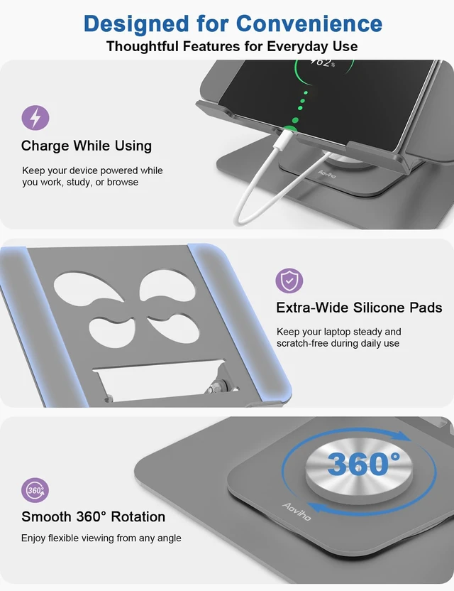 Alt view image 4 of 7 - Adjustable Laptop Stand for Desk - 360° Rotating Laptop Riser, Ergonomic Computer Stand Foldable Holder Compatible with MacBook Pro/Air, HP, Dell, Lenovo and Tablets Up to 16", Gray