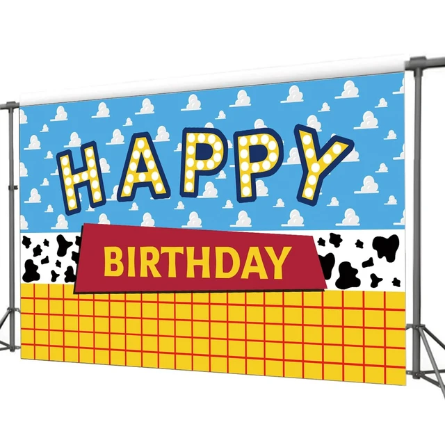 Alt view image 4 of 6 - Cartoon Toy Inspired Story Birthday Backdrop Blue Sky White Clouds Boy Birthday Banner Kids Party Cake Table Decorations Background Photo Booth Prop5X3FT