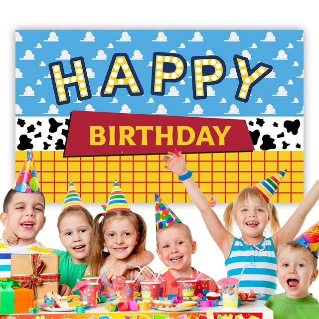 Alt view image 5 of 6 - Cartoon Toy Inspired Story Birthday Backdrop Blue Sky White Clouds Boy Birthday Banner Kids Party Cake Table Decorations Background Photo Booth Prop5X3FT