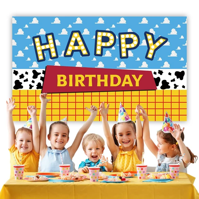 Alt view image 6 of 6 - Cartoon Toy Inspired Story Birthday Backdrop Blue Sky White Clouds Boy Birthday Banner Kids Party Cake Table Decorations Background Photo Booth Prop5X3FT