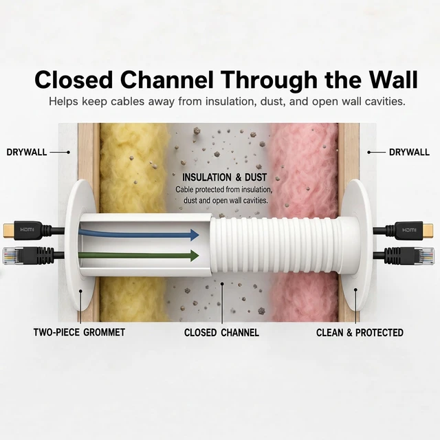 Alt view image 3 of 7 - Wall Eye Cable Pass Through Port, 2 Inch Hole Saw Cord Grommet for 2x4 Drywall, Fits 3 5/8 to 5 1/4 Inch Thickness, White Channel for HDMI Ethernet Coax USB-C Wires