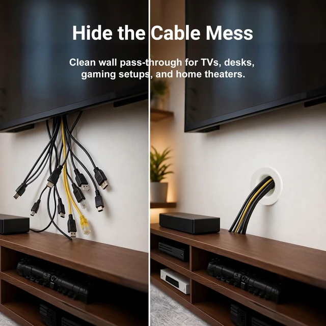Alt view image 2 of 7 - Wall Eye Cable Pass Through Port, 2 Inch Hole Saw Cord Grommet for 2x4 Drywall, Fits 3 5/8 to 5 1/4 Inch Thickness, White Channel for HDMI Ethernet Coax USB-C Wires