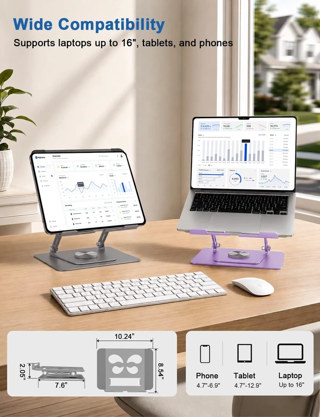 Alt view image 6 of 7 - Adjustable Laptop Stand for Desk - 360° Rotating Laptop Riser, Ergonomic Computer Stand Foldable Holder Compatible with MacBook Pro/Air, HP, Dell, Lenovo and Tablets Up to 16", Gray