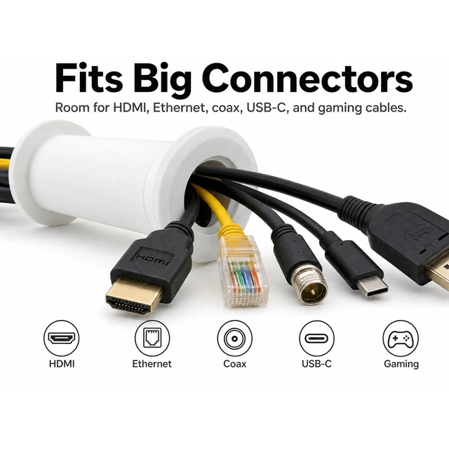Alt view image 5 of 7 - Wall Eye Cable Pass Through Port, 2 Inch Hole Saw Cord Grommet for 2x4 Drywall, Fits 3 5/8 to 5 1/4 Inch Thickness, White Channel for HDMI Ethernet Coax USB-C Wires
