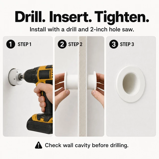Alt view image 6 of 7 - Wall Eye Cable Pass Through Port, 2 Inch Hole Saw Cord Grommet for 2x4 Drywall, Fits 3 5/8 to 5 1/4 Inch Thickness, White Channel for HDMI Ethernet Coax USB-C Wires