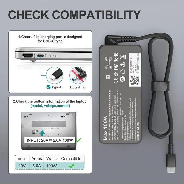 Alt view image 5 of 7 - 100W USB C Charger PD Power Adapter, Compatible with HP Spectre, Pavilion, EliteBook USB-C Laptop Charger, Fast Charger for HP Type-C Notebook, for Mac Book, Dell Chromebook Charger