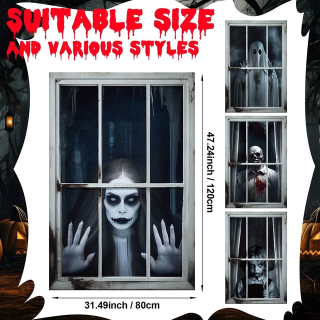 Alt view image 2 of 7 - 4 Pcs Scary Halloween Ghost Curtain Window Silhouette Decoration 31" x 47", Spooky Windows Silhouette, Horror Cling Door Cover, Ghost Poster Screen, Indoor Outdoor Halloween Party Decor