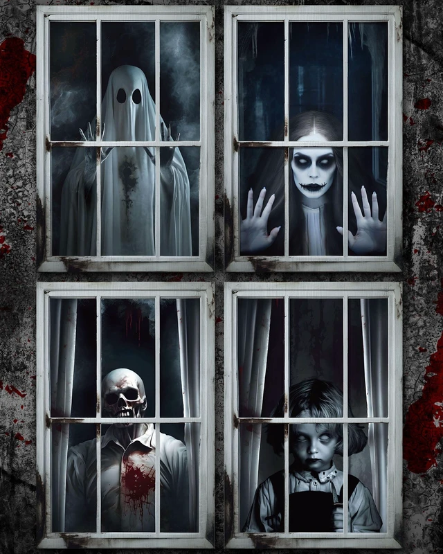 Main image of 4 Pcs Scary Halloween Ghost Curtain Window Silhouette Decoration 31" x 47", Spooky Windows Silhouette, Horror Cling Door Cover, Ghost Poster Screen, Indoor Outdoor Halloween Party Decor