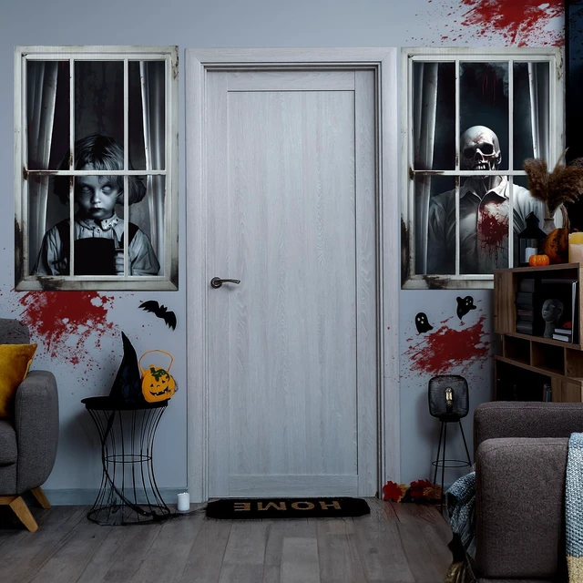 Alt view image 6 of 7 - 4 Pcs Scary Halloween Ghost Curtain Window Silhouette Decoration 31" x 47", Spooky Windows Silhouette, Horror Cling Door Cover, Ghost Poster Screen, Indoor Outdoor Halloween Party Decor