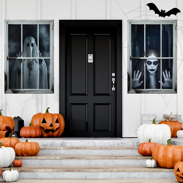 Alt view image 7 of 7 - 4 Pcs Scary Halloween Ghost Curtain Window Silhouette Decoration 31" x 47", Spooky Windows Silhouette, Horror Cling Door Cover, Ghost Poster Screen, Indoor Outdoor Halloween Party Decor