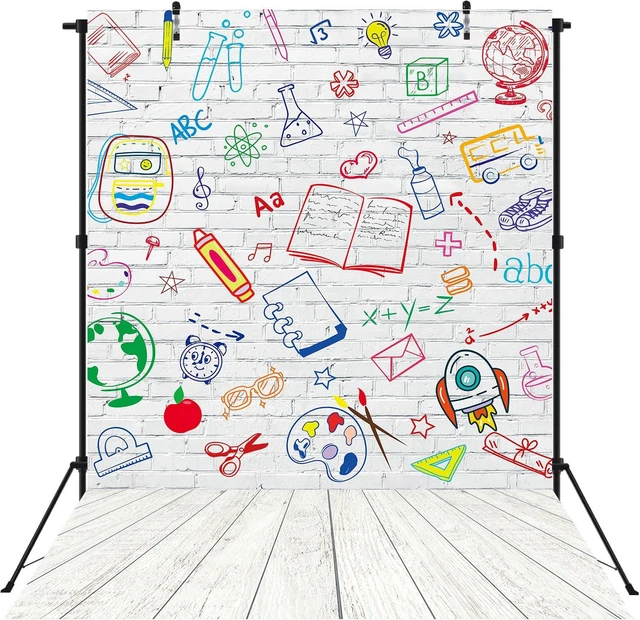Main image of Back to School Backdrop 6x8ft School Doodle Brick Wall Photo Background Hand Painted Pencils White Brick Banner,First Day of School Banner, Teacher Student Classroom Party Decorations Photo Props