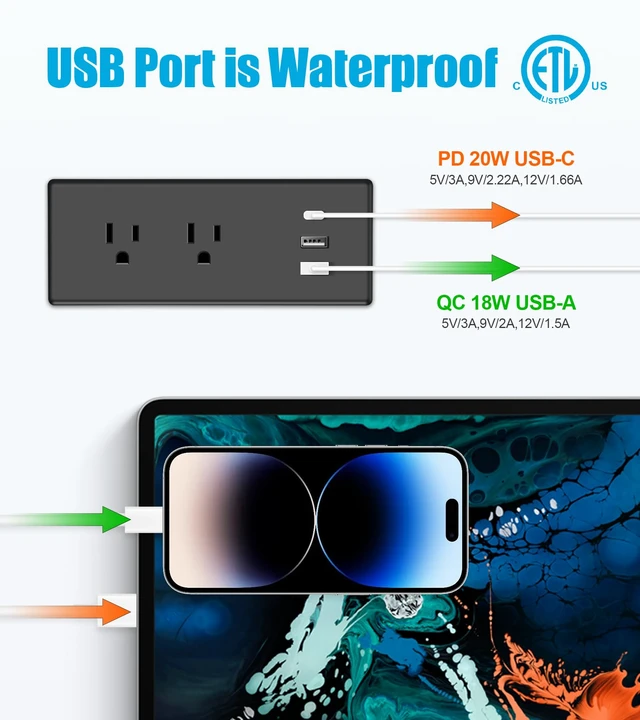 Alt view image 3 of 7 - IPX6 Recessed Power Strip Waterproof, Weatherproof Furniture Flush Mount Power Outlet with 2 Outlets & 3 USB Ports for Bathroom Outdoor, 6FT Cord (ETL Listed)