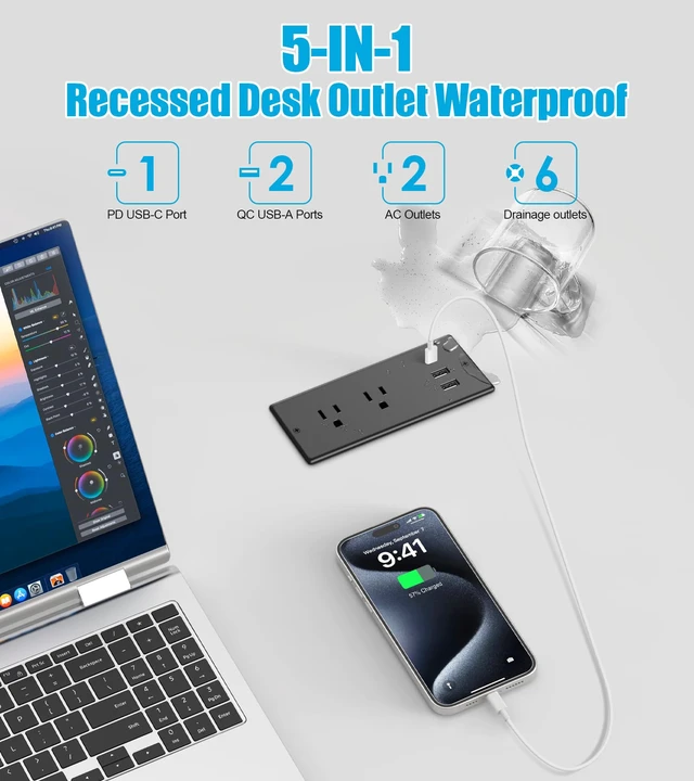 Alt view image 4 of 7 - IPX6 Recessed Power Strip Waterproof, Weatherproof Furniture Flush Mount Power Outlet with 2 Outlets & 3 USB Ports for Bathroom Outdoor, 6FT Cord (ETL Listed)