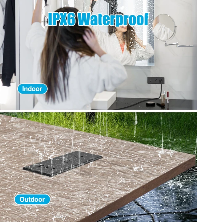 Alt view image 2 of 7 - IPX6 Recessed Power Strip Waterproof, Weatherproof Furniture Flush Mount Power Outlet with 2 Outlets & 3 USB Ports for Bathroom Outdoor, 6FT Cord (ETL Listed)