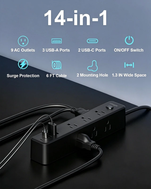 Alt view image 2 of 7 - Power Strip Desktop Extension Cord with Multiple Outlets USB C Charge Ports High Surge Protection, 6FT Long Cord - Mountable 3 Side Design 9 AC Outlets,5 USB (2 USB C) Ports - Office, Dorm Essentials