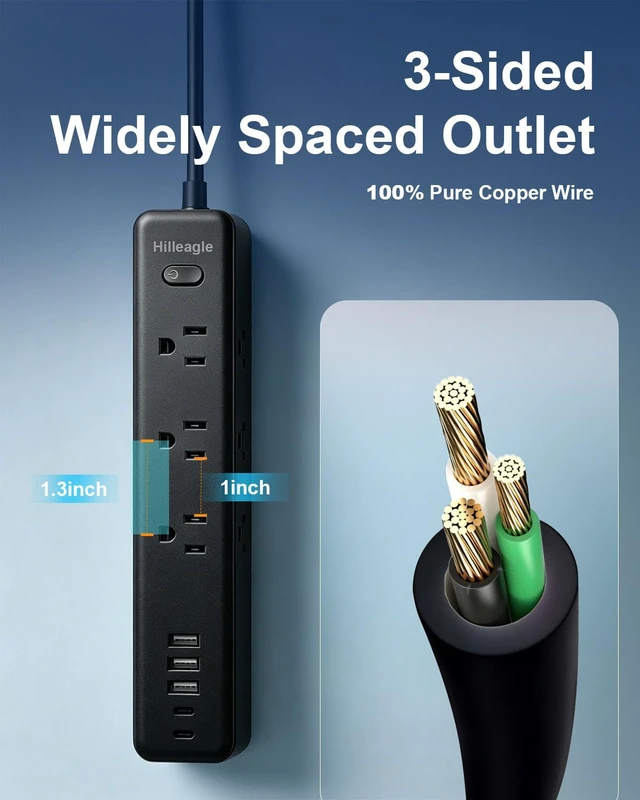 Alt view image 3 of 7 - Power Strip Desktop Extension Cord with Multiple Outlets USB C Charge Ports High Surge Protection, 6FT Long Cord - Mountable 3 Side Design 9 AC Outlets,5 USB (2 USB C) Ports - Office, Dorm Essentials