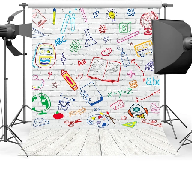 Alt view image 3 of 7 - Back to School Backdrop 6x8ft School Doodle Brick Wall Photo Background Hand Painted Pencils White Brick Banner,First Day of School Banner, Teacher Student Classroom Party Decorations Photo Props