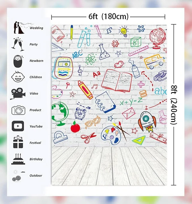Alt view image 6 of 7 - Back to School Backdrop 6x8ft School Doodle Brick Wall Photo Background Hand Painted Pencils White Brick Banner,First Day of School Banner, Teacher Student Classroom Party Decorations Photo Props