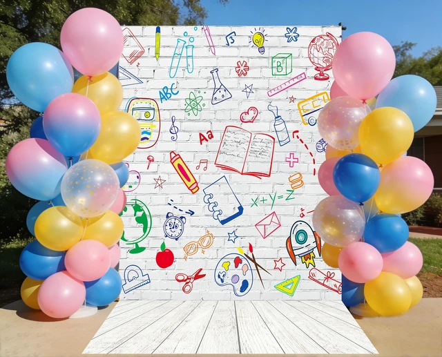 Alt view image 5 of 7 - Back to School Backdrop 6x8ft School Doodle Brick Wall Photo Background Hand Painted Pencils White Brick Banner,First Day of School Banner, Teacher Student Classroom Party Decorations Photo Props