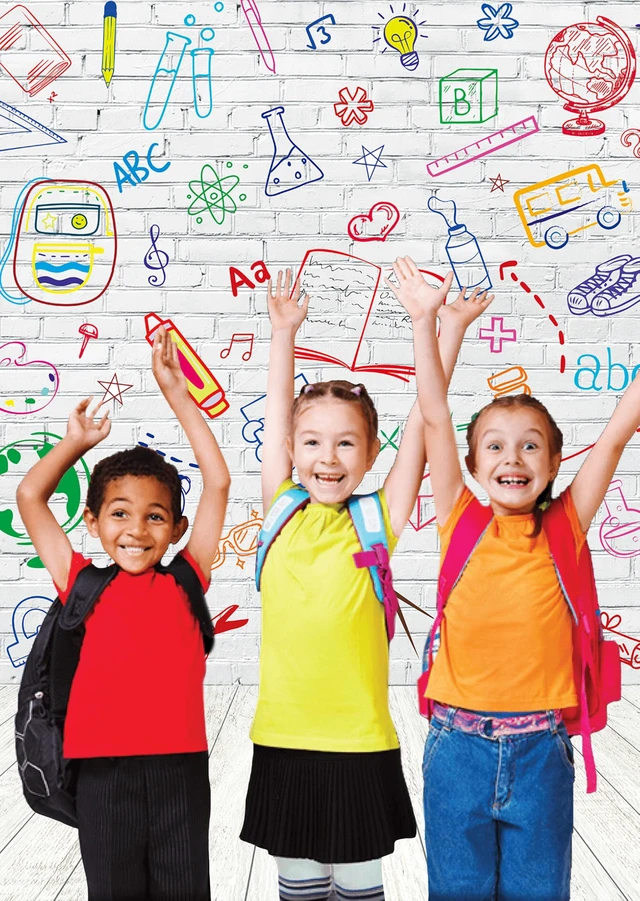 Alt view image 4 of 7 - Back to School Backdrop 6x8ft School Doodle Brick Wall Photo Background Hand Painted Pencils White Brick Banner,First Day of School Banner, Teacher Student Classroom Party Decorations Photo Props