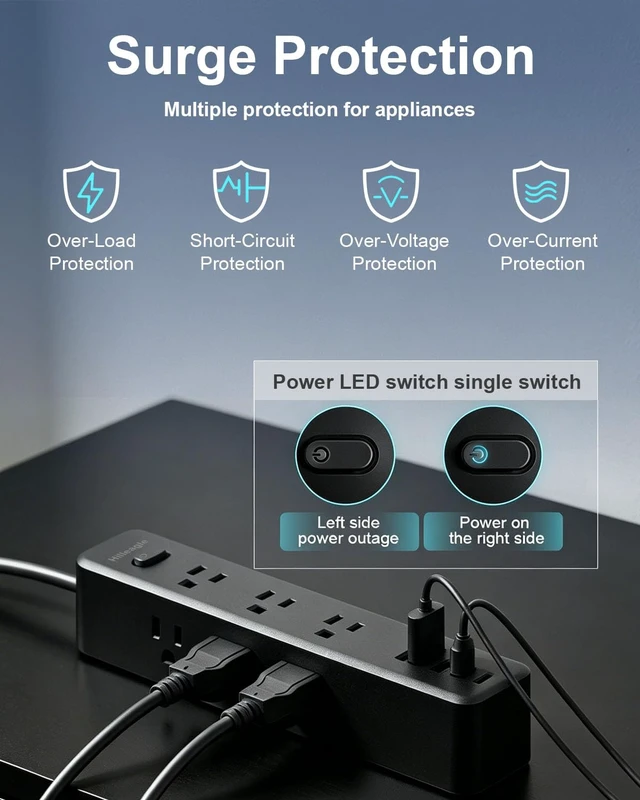 Alt view image 4 of 7 - Power Strip Desktop Extension Cord with Multiple Outlets USB C Charge Ports High Surge Protection, 6FT Long Cord - Mountable 3 Side Design 9 AC Outlets,5 USB (2 USB C) Ports - Office, Dorm Essentials