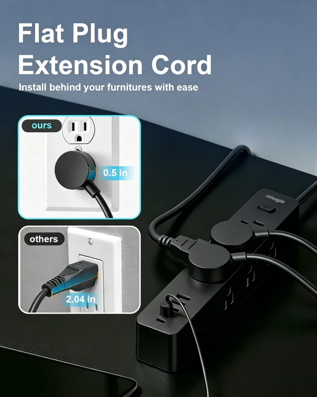 Alt view image 6 of 7 - Power Strip Desktop Extension Cord with Multiple Outlets USB C Charge Ports High Surge Protection, 6FT Long Cord - Mountable 3 Side Design 9 AC Outlets,5 USB (2 USB C) Ports - Office, Dorm Essentials