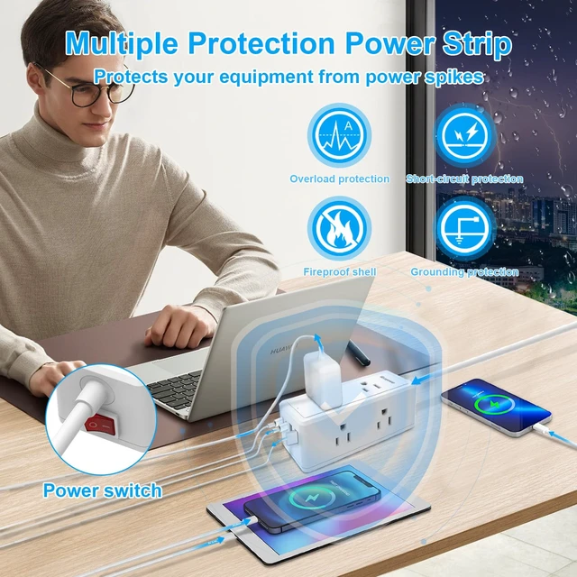 Alt view image 5 of 7 - 2 Pack Power Strip-6 Widely Spaced Outlets 4 USB Ports(2 USB C Port,PD 20W),1250W/10A with 5Ft Extension Cord, Extension Cord with Multiple outlets, Wall Mount for Home Office,White