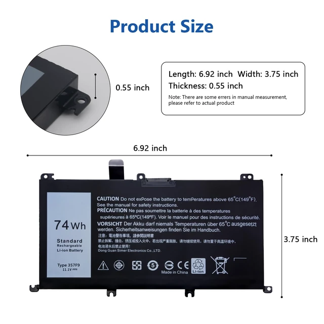 Alt view image 2 of 7 - 74W 357F9 Battery for Laptop Dell Inspiron 15 7000 Gaming 7559 7566 7567 7557 i7559 Series 15 5000 5576 5577 Series P57F 71JF4 071JF4 P65F P65F001 0GFJ6 0357F9