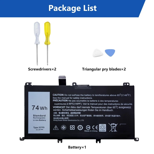 Alt view image 7 of 7 - 74W 357F9 Battery for Laptop Dell Inspiron 15 7000 Gaming 7559 7566 7567 7557 i7559 Series 15 5000 5576 5577 Series P57F 71JF4 071JF4 P65F P65F001 0GFJ6 0357F9