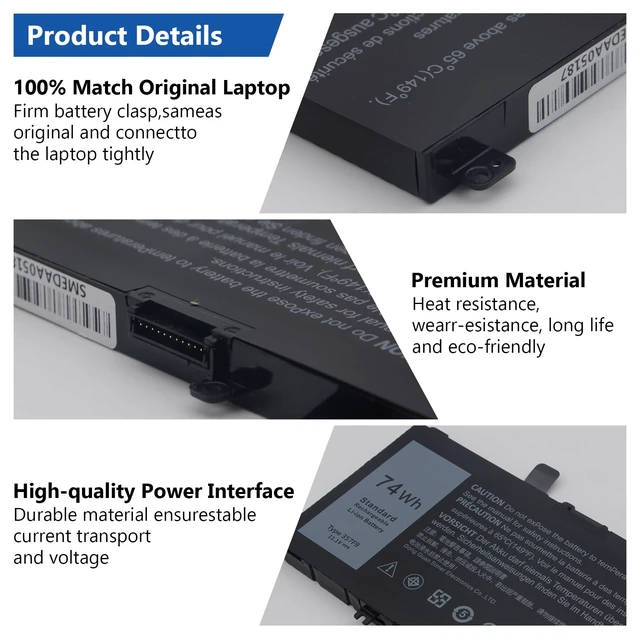 Alt view image 4 of 7 - 74W 357F9 Battery for Laptop Dell Inspiron 15 7000 Gaming 7559 7566 7567 7557 i7559 Series 15 5000 5576 5577 Series P57F 71JF4 071JF4 P65F P65F001 0GFJ6 0357F9
