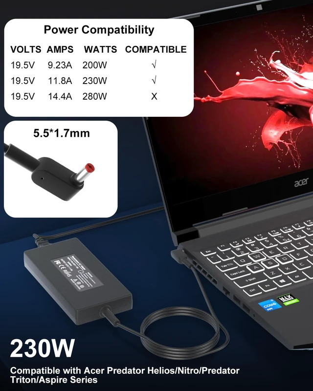 Alt view image 5 of 7 - 230W Charger Laptop Compatible with Acer Predator Helios 300 Compatible with Acer Nitro 5 7 V14 V15 V16 16S/Predator V17PH315-53 PH315-52 PH315-5 Gaming Adapter Supply Cord