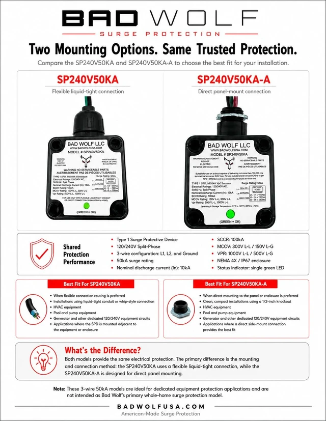 Alt view image 3 of 7 - SP240V50KA-A Whole House Surge Protector, 50kA Type 1 Panel Mount 120/240VAC Split-Phase Made in USA ETL Listed to UL 1449 5th Edition NEMA 4X/IP67 Green Status LED