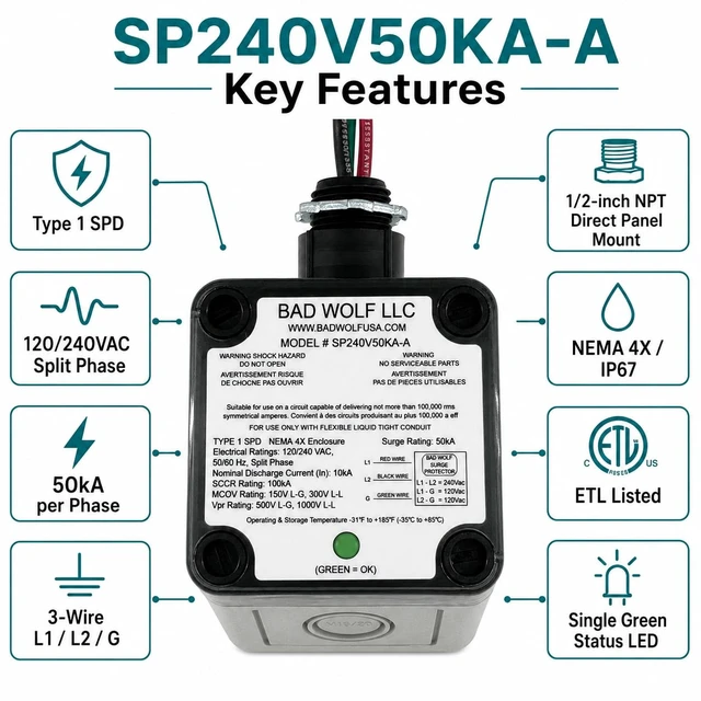 Alt view image 6 of 7 - SP240V50KA-A Whole House Surge Protector, 50kA Type 1 Panel Mount 120/240VAC Split-Phase Made in USA ETL Listed to UL 1449 5th Edition NEMA 4X/IP67 Green Status LED