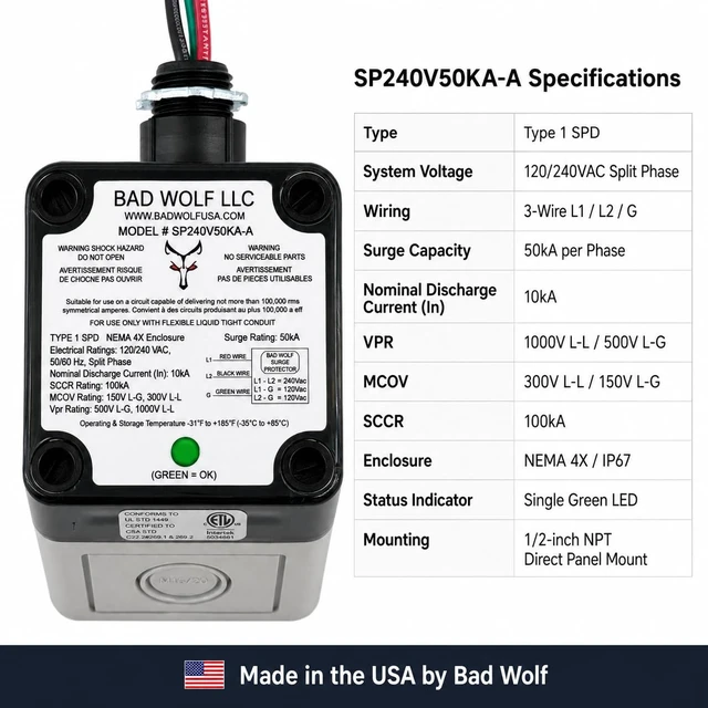 Alt view image 7 of 7 - SP240V50KA-A Whole House Surge Protector, 50kA Type 1 Panel Mount 120/240VAC Split-Phase Made in USA ETL Listed to UL 1449 5th Edition NEMA 4X/IP67 Green Status LED