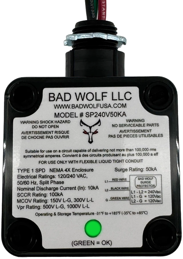 Main image of SP240V50KA-A Whole House Surge Protector, 50kA Type 1 Panel Mount 120/240VAC Split-Phase Made in USA ETL Listed to UL 1449 5th Edition NEMA 4X/IP67 Green Status LED