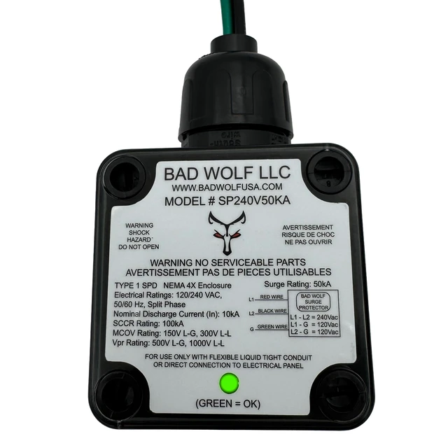 Alt view image 2 of 7 - SP240V50KA-A Whole House Surge Protector, 50kA Type 1 Panel Mount 120/240VAC Split-Phase Made in USA ETL Listed to UL 1449 5th Edition NEMA 4X/IP67 Green Status LED