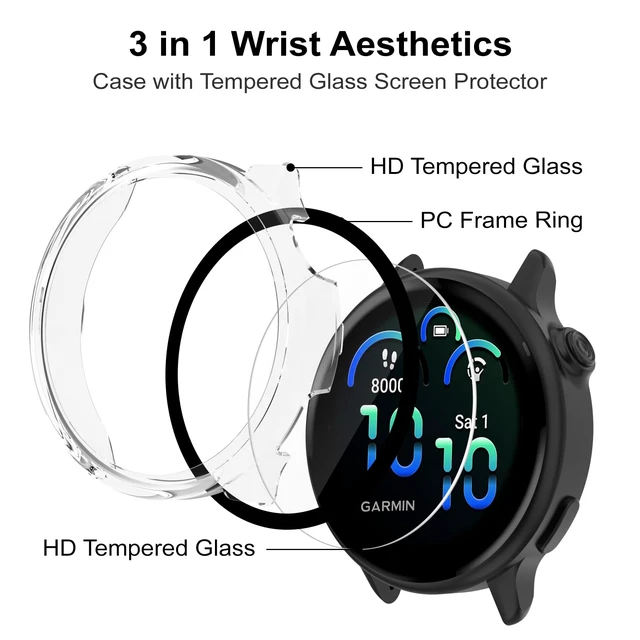 Alt view image 3 of 7 - Case Compatible with Garmin vivoactive 6 with Screen Protector, 4-Pack Hard PC Cover HD Tempered Glass Case Anti-scratch Full Protection Shell for Garmin vivoactive 6 (Black+Blue+Green+Clear)