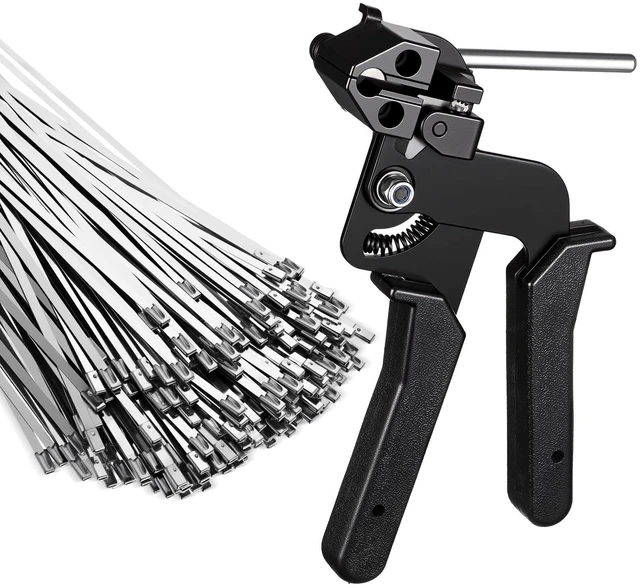 Main image of 500 Pcs Metal Zip Ties Gun Kit, 11.8 Inch 304 Stainless Steel Metal Zip Cable Ties, Heavy Duty Self Locking 220 Pound Tensile Strength Cable for Exhaust Wrapping Fence Outdoor Workshop (Black)