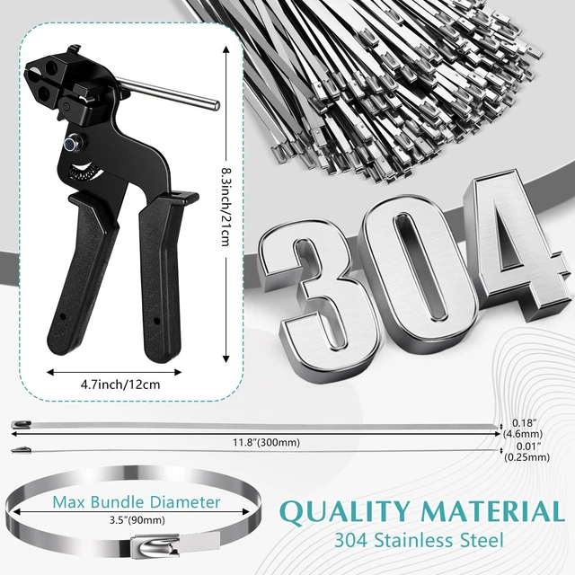 Alt view image 2 of 7 - 500 Pcs Metal Zip Ties Gun Kit, 11.8 Inch 304 Stainless Steel Metal Zip Cable Ties, Heavy Duty Self Locking 220 Pound Tensile Strength Cable for Exhaust Wrapping Fence Outdoor Workshop (Black)