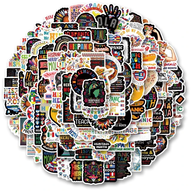 Main image of 124Pcs Hispanic Heritage Stickers Pack, Vinyl Waterproof Decals for Water Bottle,Laptop,Phone,Skateboard,Scrapbooking,Bumper Decor for Fans for Party Supply