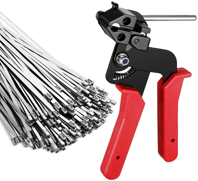 Main image of 500 Pcs Metal Zip Ties Gun Kit, 11.8 Inch 304 Stainless Steel Metal Zip Cable Ties, Heavy Duty Self Locking 220 Pound Tensile Strength Cable for Exhaust Wrapping Fence Outdoor Workshop(Red)