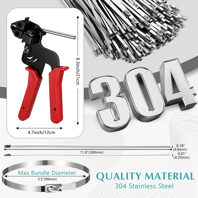 Alt view image 2 of 7 - 500 Pcs Metal Zip Ties Gun Kit, 11.8 Inch 304 Stainless Steel Metal Zip Cable Ties, Heavy Duty Self Locking 220 Pound Tensile Strength Cable for Exhaust Wrapping Fence Outdoor Workshop(Red)