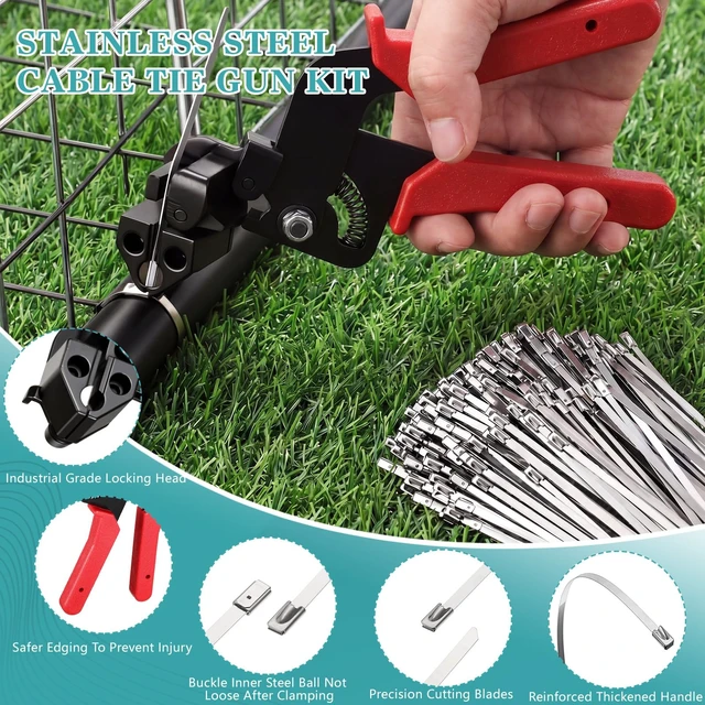 Alt view image 3 of 7 - 500 Pcs Metal Zip Ties Gun Kit, 11.8 Inch 304 Stainless Steel Metal Zip Cable Ties, Heavy Duty Self Locking 220 Pound Tensile Strength Cable for Exhaust Wrapping Fence Outdoor Workshop(Red)