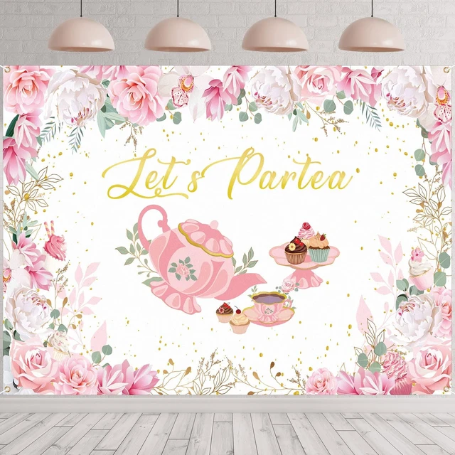 Main image of 8 x 6 ft Tea Party Decoration Backdrop, Lets Partea Banner, White Pink Floral Design banner for Birthday Bridal Shower, Photo Booth Background, Baby Shower Decor, Tea Party Supplies